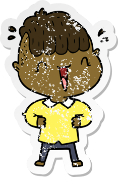 distressed sticker of a cartoon happy boy surprised png