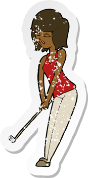 retro distressed sticker of a cartoon woman playing golf png