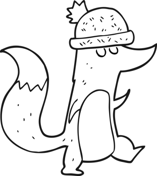 hand drawn black and white cartoon little wolf wearing hat png