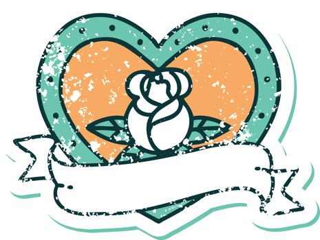iconic distressed sticker tattoo style image of a heart rose and banner png