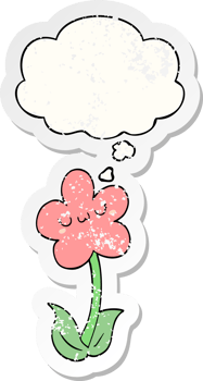 cartoon flower with thought bubble as a distressed worn sticker png