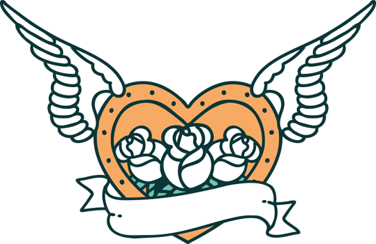 iconic tattoo style image of a flying heart with flowers and banner png