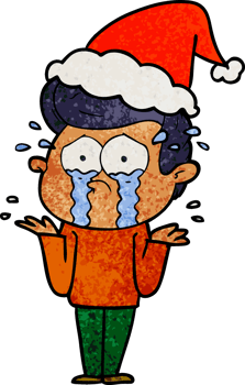hand drawn textured cartoon of a crying man wearing santa hat png