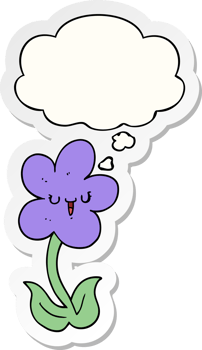 cartoon flower with happy face with thought bubble as a printed sticker png