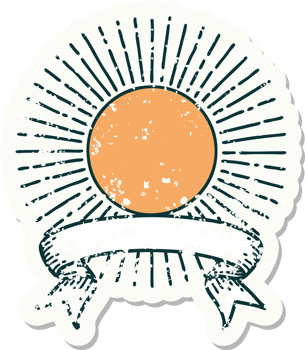 worn old sticker with banner of a sun png