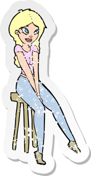 retro distressed sticker of a cartoon pretty girl on stool png