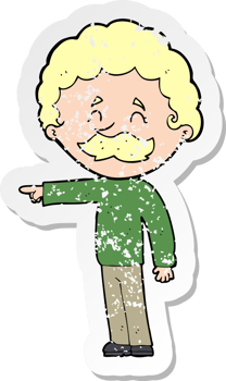 retro distressed sticker of a cartoon man with mustache pointing png