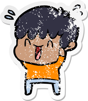 distressed sticker of a cartoon laughing boy png