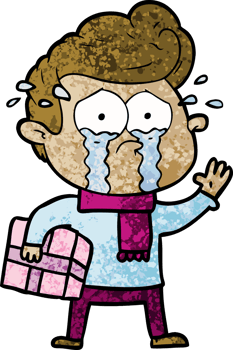 cartoon crying man with present drawing png