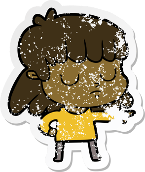 distressed sticker of a cartoon indifferent womanpointing png