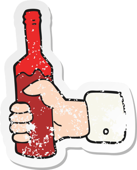 retro distressed sticker of a cartoon hand holding bottle of wine png