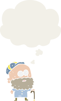 cartoon old man with walking stick and thought bubble in retro style png