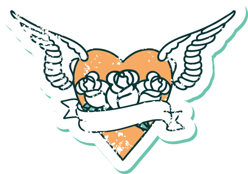 distressed sticker tattoo style icon of a heart with wings flowers and banner png
