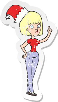 retro distressed sticker of a cartoon woman wearing christmas hat png
