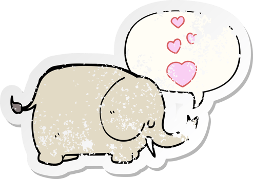 cute cartoon elephant and love hearts and speech bubble distressed sticker png