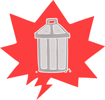 cartoon old metal garbage can and speech bubble in retro style png