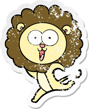 distressed sticker of a happy cartoon lion png