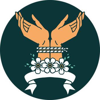 tattoo style icon with banner of hands tied png
