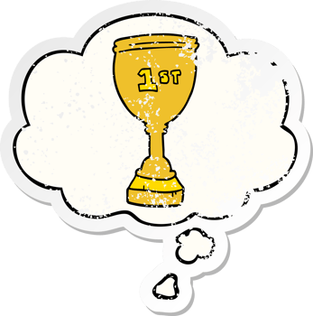 cartoon sports trophy with thought bubble as a distressed worn sticker png