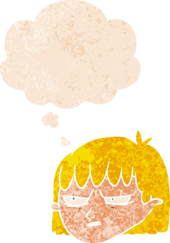 cartoon angry woman with thought bubble in grunge distressed retro textured style png