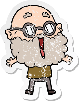 distressed sticker of a cartoon joyful man with beard png