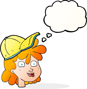hand drawn thought bubble cartoon woman wearing cap png