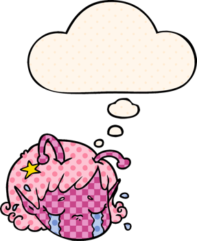 cartoon alien space girl face crying with thought bubble in comic book style png