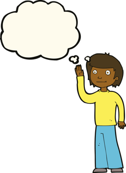 cartoon friendly boy waving with thought bubble png