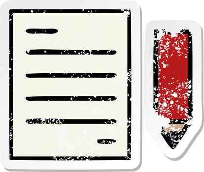 distressed sticker of a cute cartoon pencil and paper png