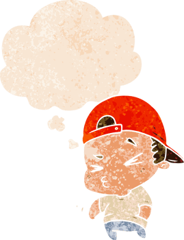 cartoon cool kid with thought bubble in grunge distressed retro textured style png