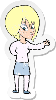 retro distressed sticker of a cartoon woman making welcome gesture drawing png