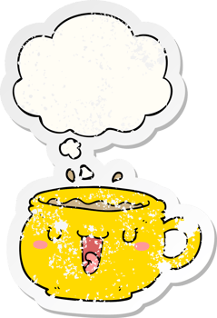cute cartoon coffee cup with thought bubble as a distressed worn sticker png