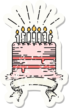 worn old sticker of a tattoo style birthday cake png