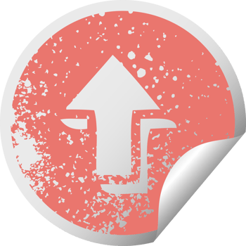 distressed circular peeling sticker symbol of a pointing arrow png
