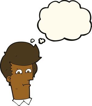 cartoon man narrowing eyes with thought bubble png