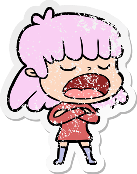 distressed sticker of a cartoon woman talking loudly png