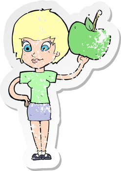 retro distressed sticker of a cartoon woman holding apple png