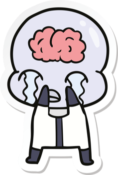 sticker of a cartoon big brain alien crying png