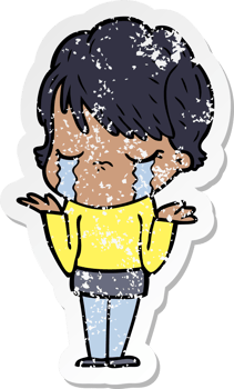 distressed sticker of a cartoon woman crying png