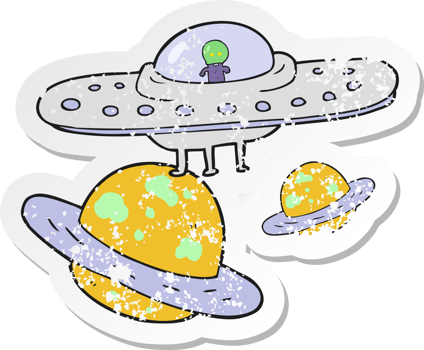 retro distressed sticker of a cartoon flying saucer in space png