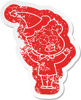 cartoon distressed sticker of a man gasping in surprise wearing santa hat png