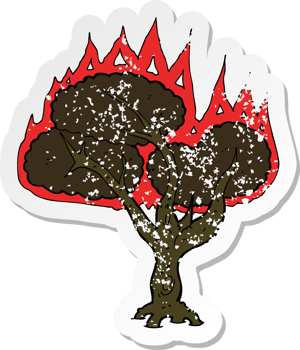 retro distressed sticker of a cartoon burning tree png