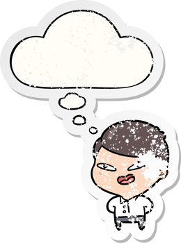 cartoon happy business man and thought bubble as a distressed worn sticker png