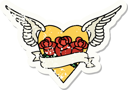 traditional distressed sticker tattoo of a heart with wings flowers and banner png