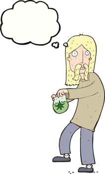 cartoon hippie man with bag of weed with thought bubble png