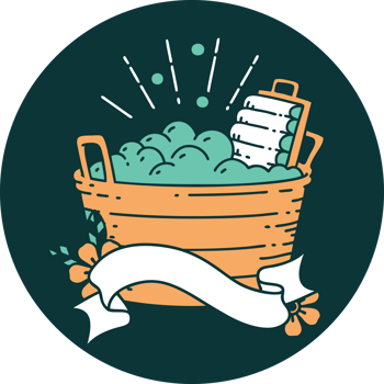 icon of tattoo style old washboard and scrubbing bowl png