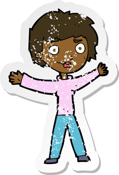 retro distressed sticker of a cartoon woman waving arms png