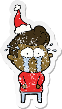 distressed sticker cartoon of a crying man wearing santa hat png