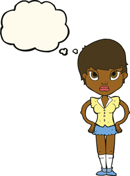 cartoon annoyed girl with thought bubble png