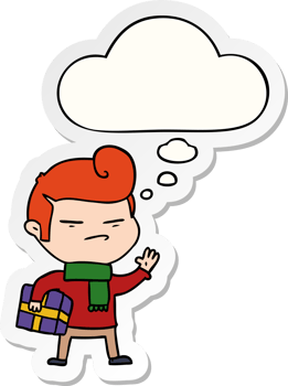 cartoon cool guy with fashion hair cut with thought bubble as a printed sticker png